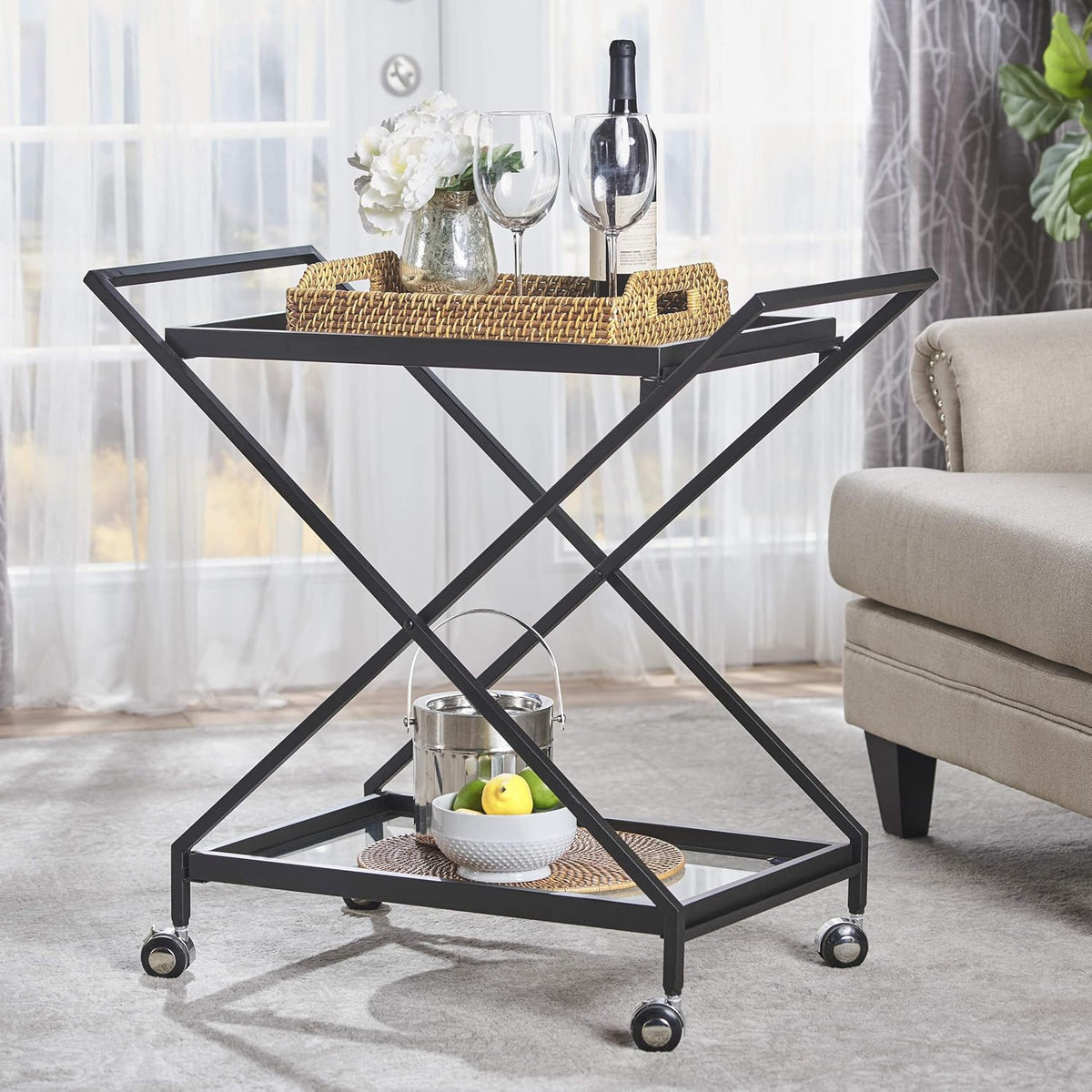 Black Industrial Iron Bar Cart with Tempered Glass Shelves R741