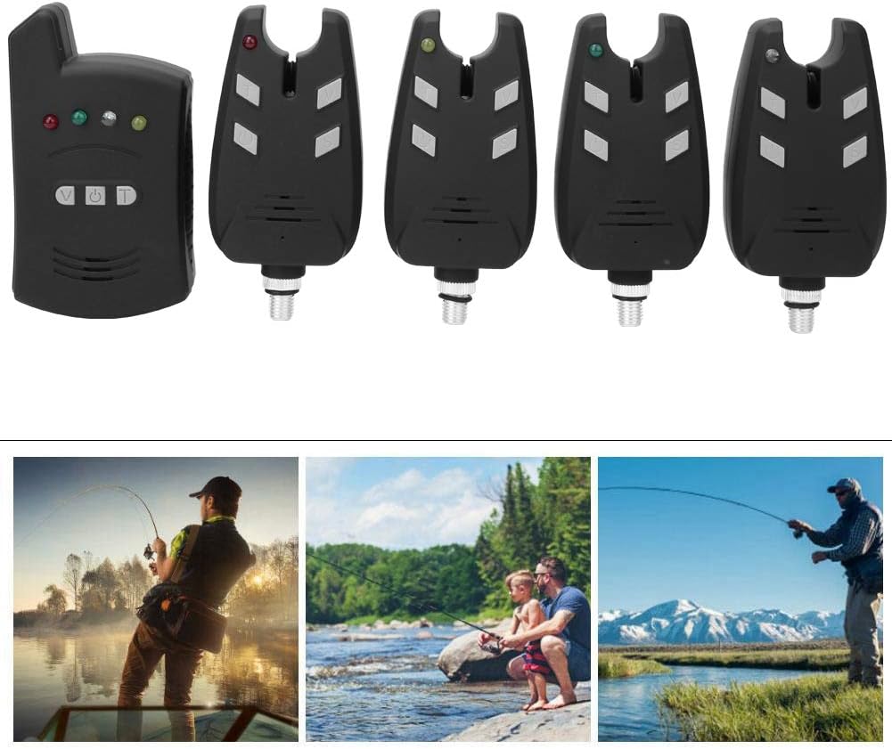 4 pcs Fishing Bite Alarm & 1 pcs Receiver Indicator Sound & LED Light Alert J781100