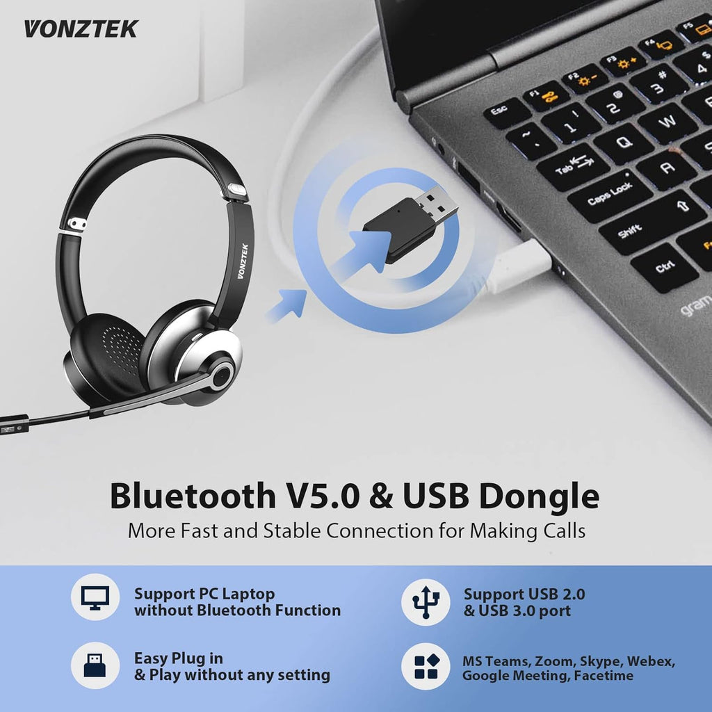 Wireless On Ear Bluetooth Headset with Microphone, USB Audio Dongle, Pack of 2 E559