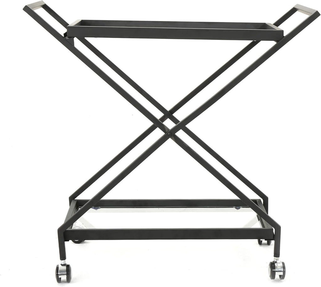 Black Industrial Iron Bar Cart with Tempered Glass Shelves R741