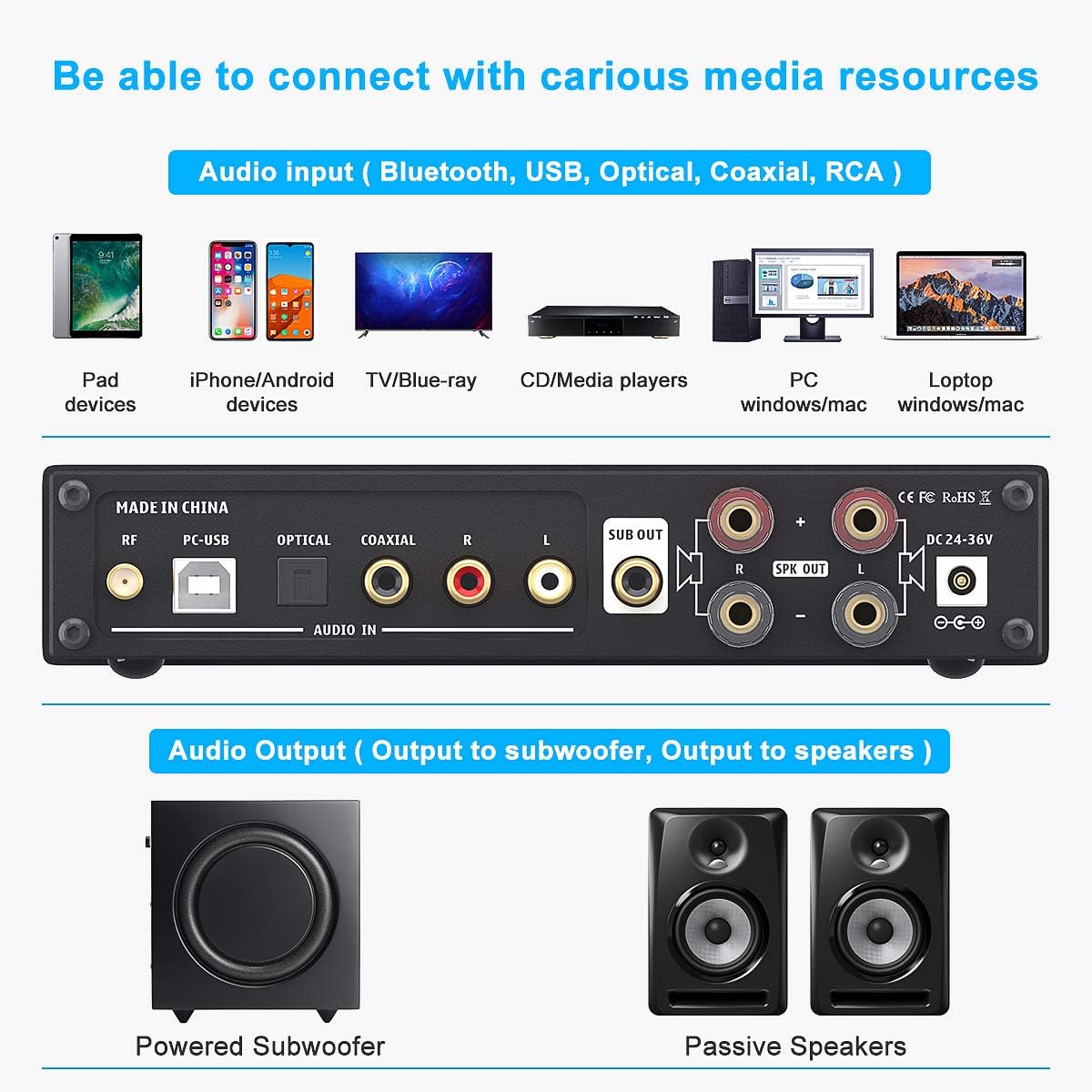 Bluetooth 5.0 Stereo Amplifier 240W 2.1 Channel Class D Compact Mini Power Amp D345398