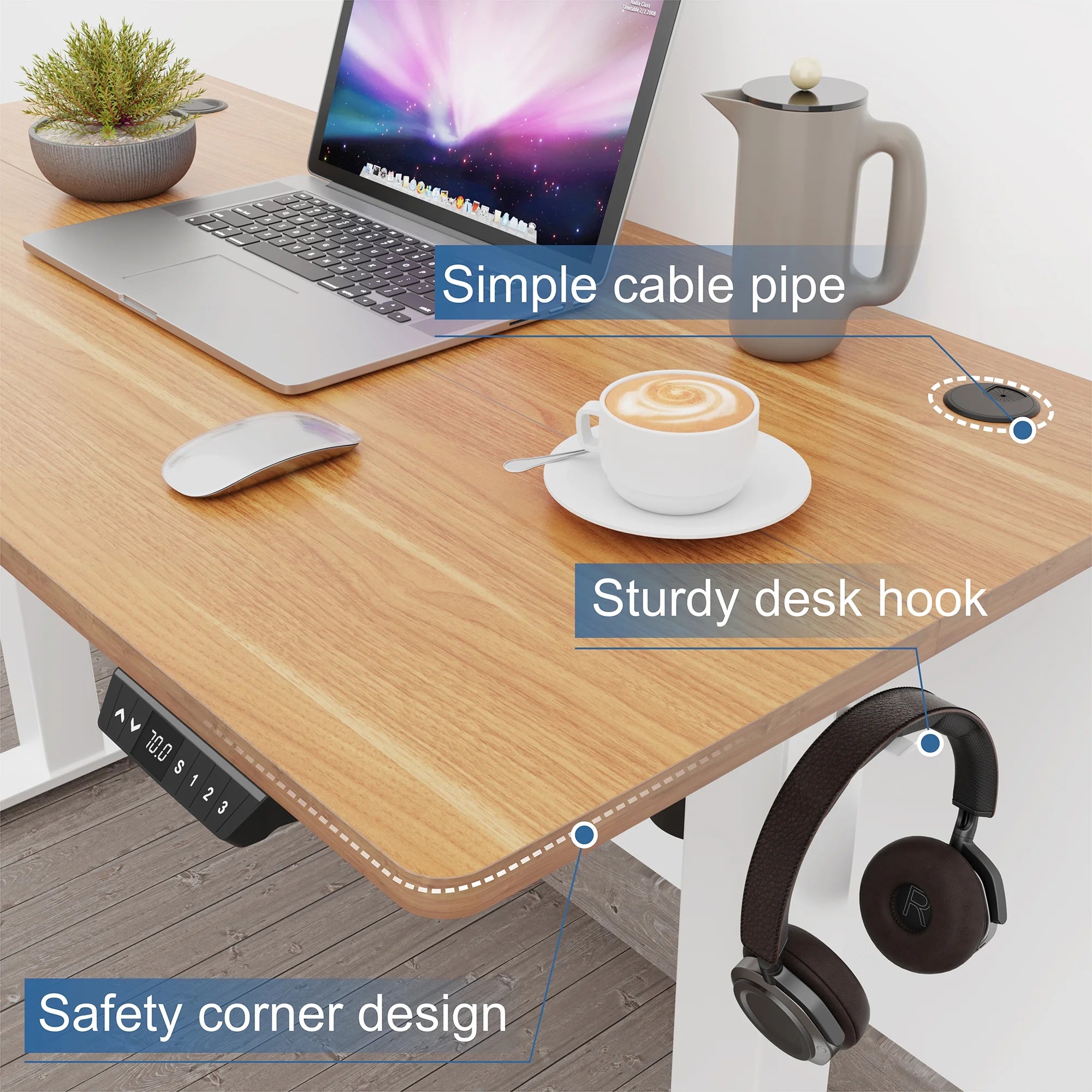 White Frame Maple Top Electric Height Adjustable Standing Desk C87357