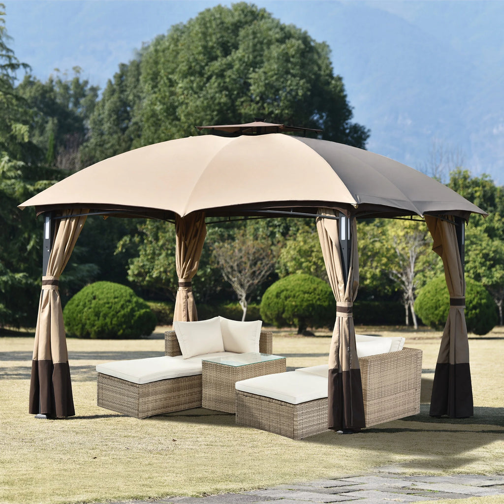 10ft W*12ft L Outdoor Double Vents Gazebo Patio Metal Canopy with Screen and LED Lights, Brown C45556