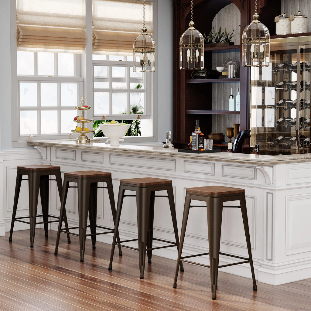 26" Metal Bar Stools Set of 4 Backless Stackable with Wooden Seat T34519