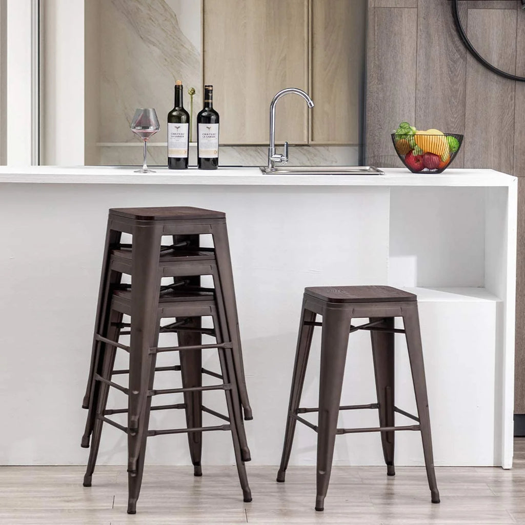 26" Metal Bar Stools Set of 4 Backless Stackable with Wooden Seat T34519
