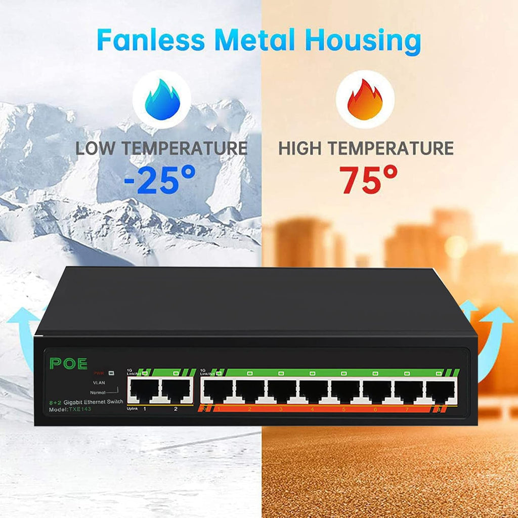 10 Port Gigabit PoE Switch, Unmanaged, Metal, Pack of 2 R670