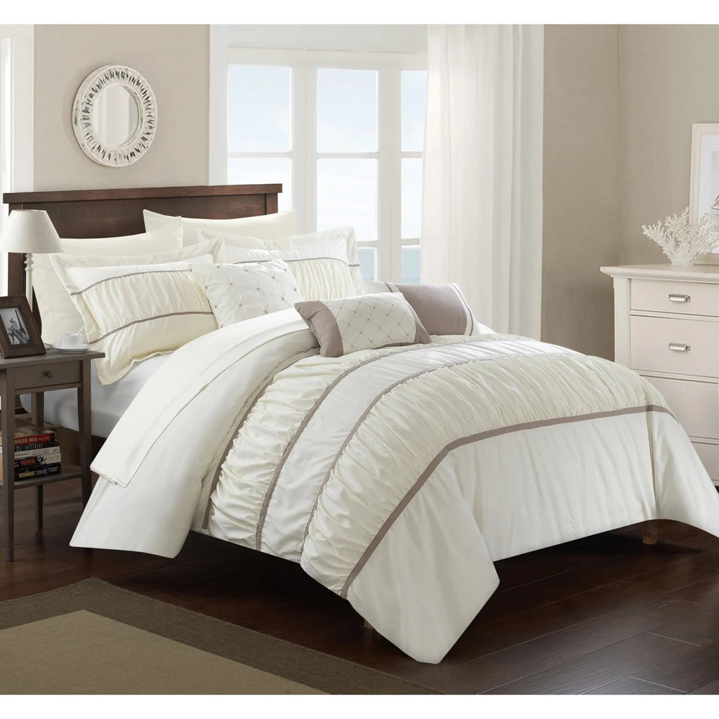 10 Piece Pleated and Ruffled Comforter and Sheet Set L19437