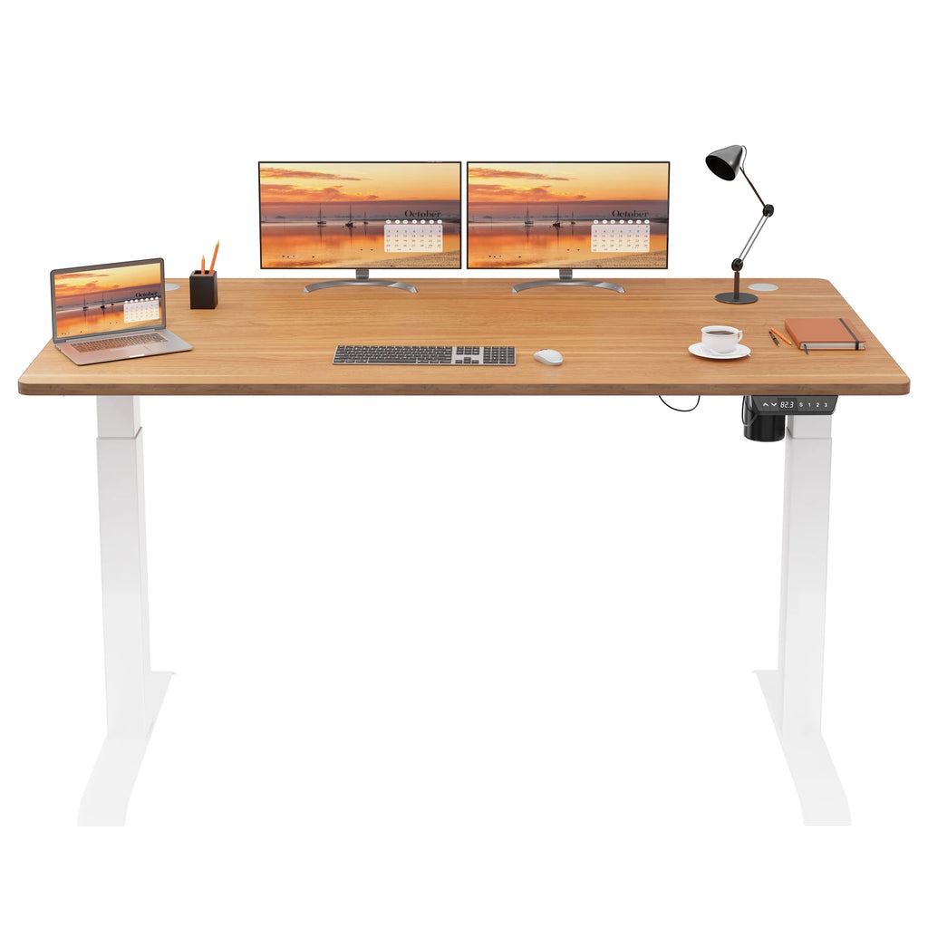 White Frame Maple Top Electric Height Adjustable Standing Desk C87357