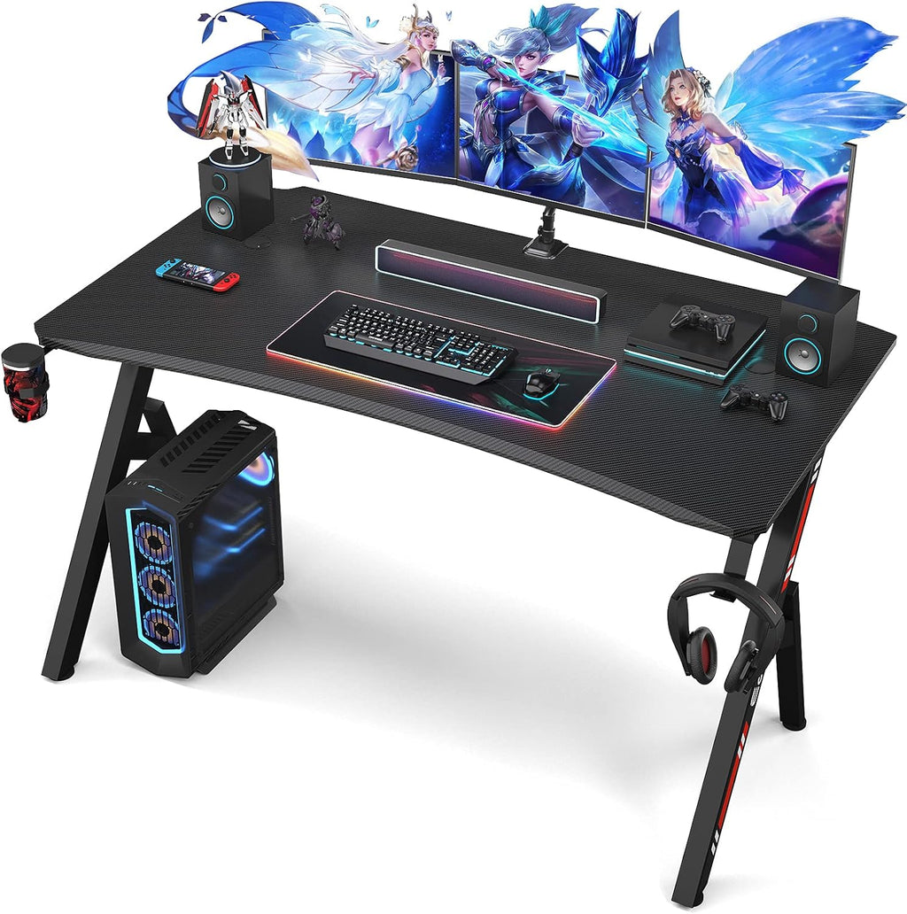 Black 55 Inch Gaming Computer Desk with Cup Holder and Headphone Hook N3992