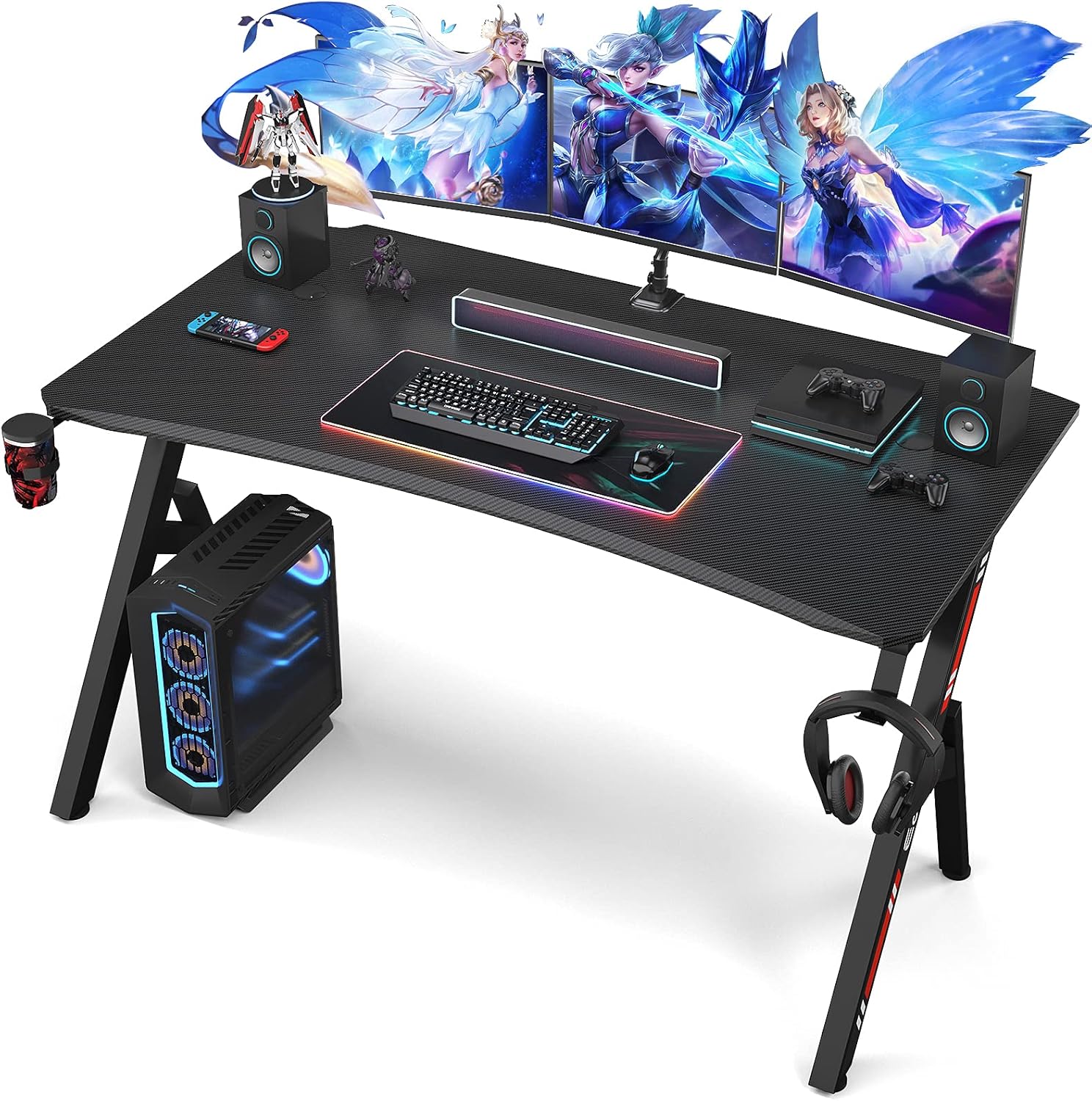 Black 55 Inch Gaming Computer Desk with Cup Holder and Headphone Hook N3992