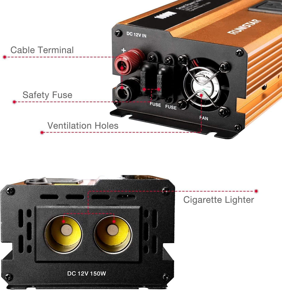 1000W Power Inverter DC 12V to 110V AC Car Inverter with Dual AC Outlets 2.4A USB and Dual 12V Car Cigarette Lighter Modified Wave Inverter Pack of 2 G140663