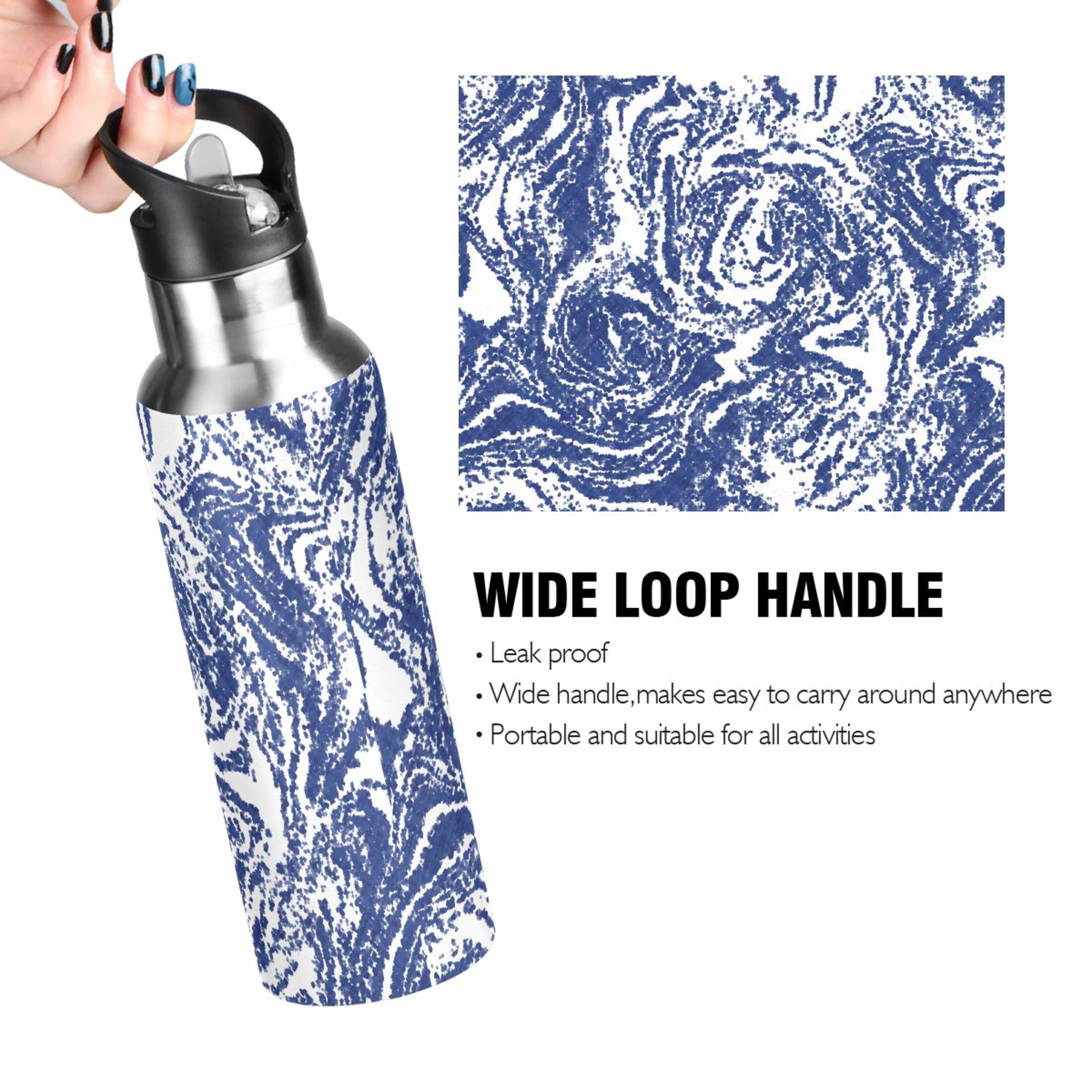 Geometric Tie Dye Blue 20 OZ Vacuum Insulated Stainless Steel Water Bottle with Straw Lid O948314