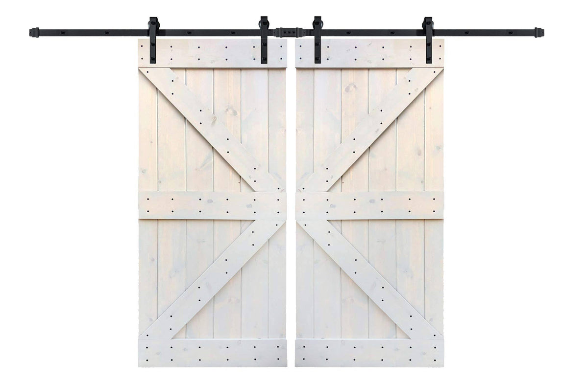 Light Grey Knotty Pine Wood Double Sliding Barn Door Slab with Hardware Kit S756