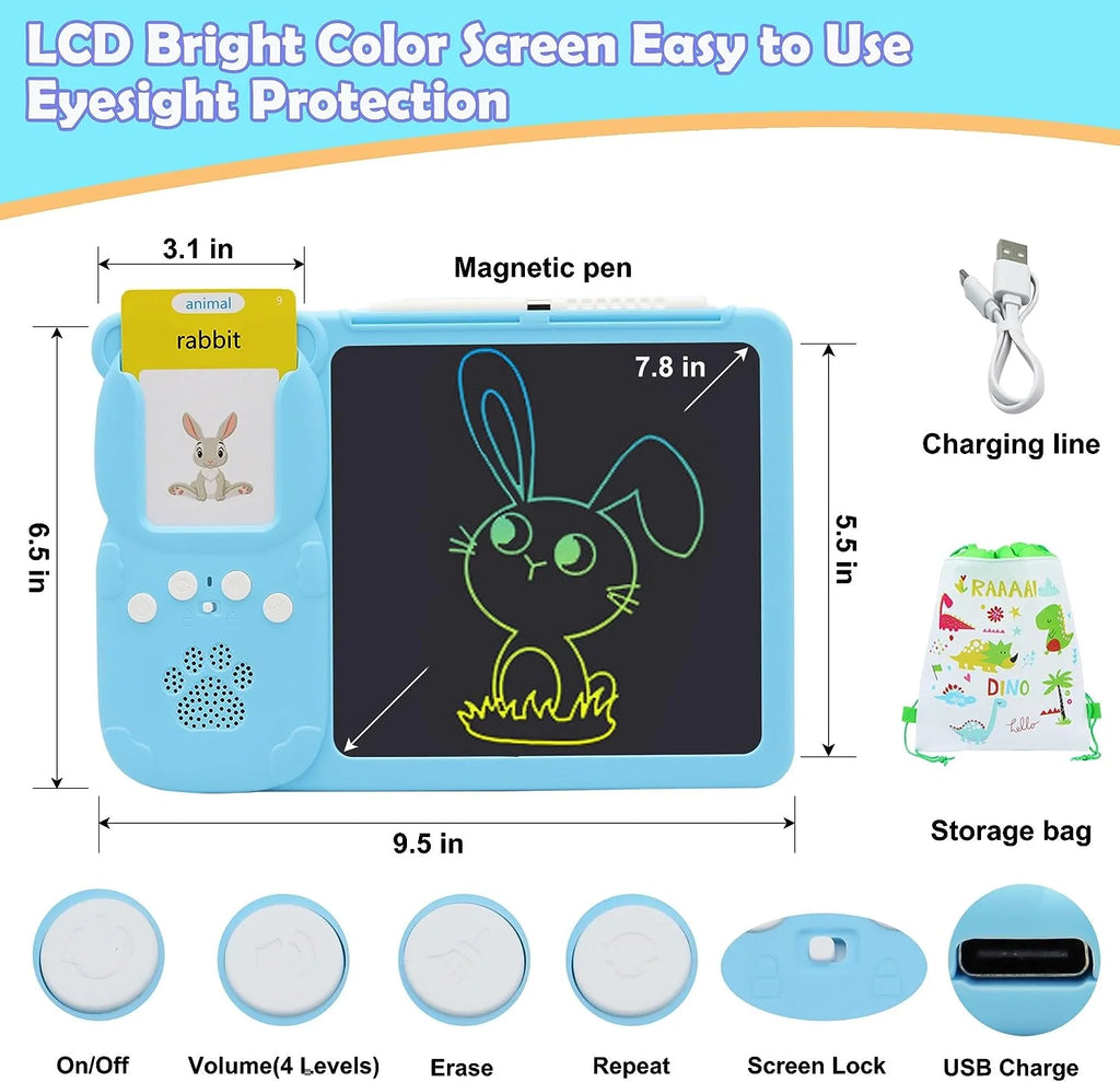 Talking Flash Cards with LCD Writing Drawing Tablet Toddler Toys 224 Words Blue B4068