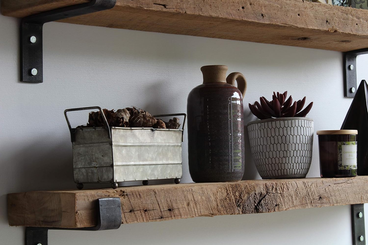 Reclaimed Barnwood Accent Shelves - Set of Two - Metal Bracketed Wall Mount - Natural 48x 7x 2 W9428