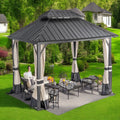 14x12ft Double Galvanized Steel Hard Top Outdoor Gazebo with Netting and Curtains P4646