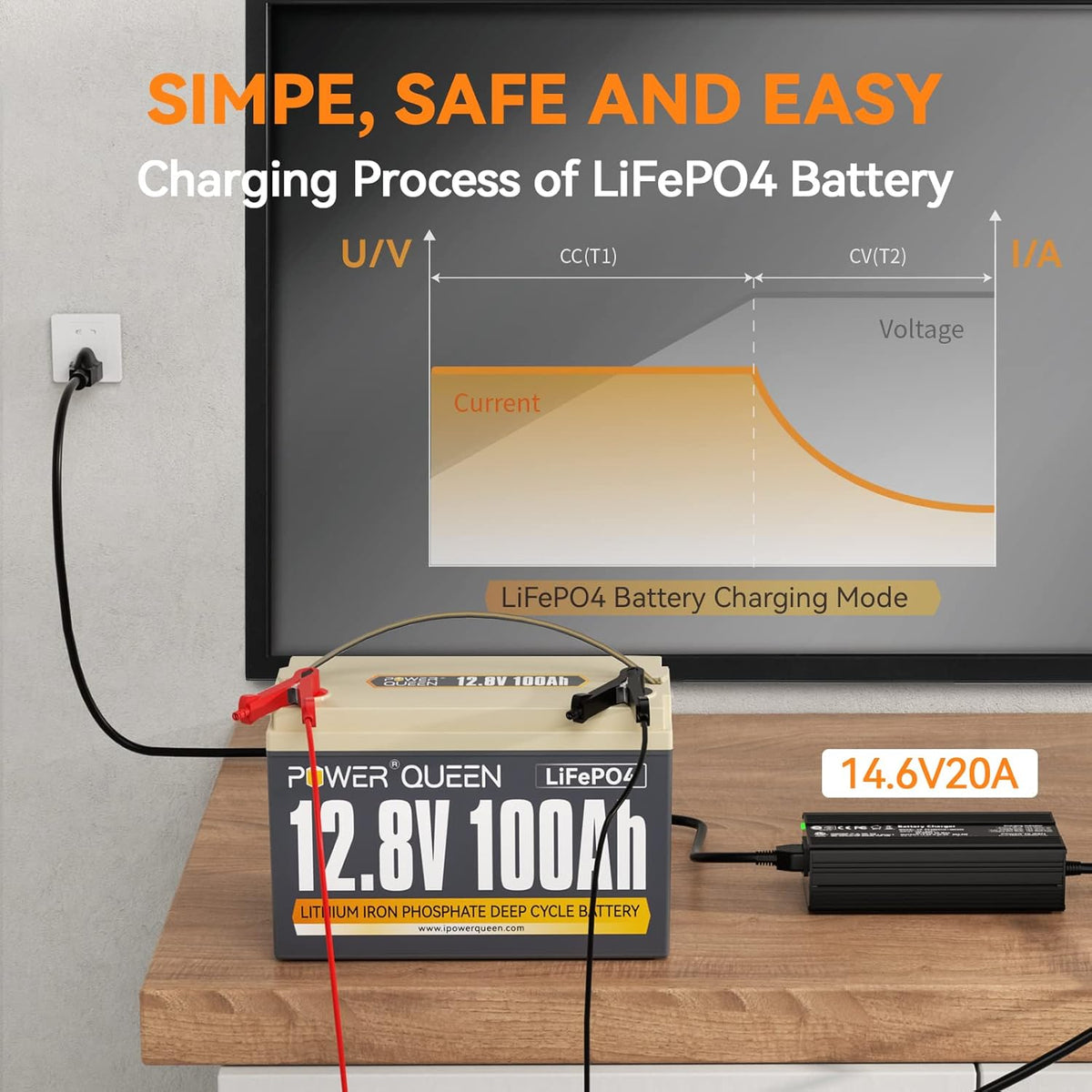 12.8V 100Ah LiFePO4 Battery with 14.6V 20A LiFePO4 Battery Charger D7929