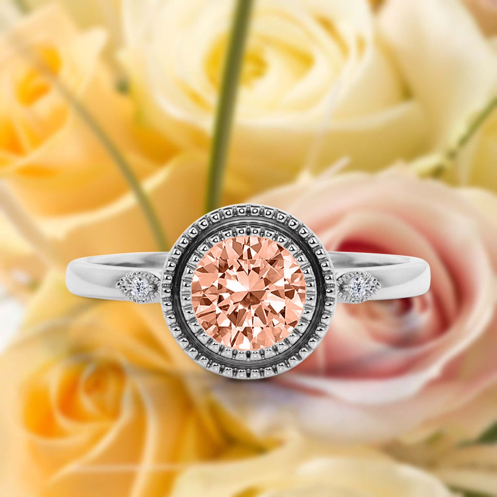 1.10 Carat Round Cut Morganite And Diamond Moissanite Engagement Ring in 925 Sterling Silver With 18k White Gold Plating B3588