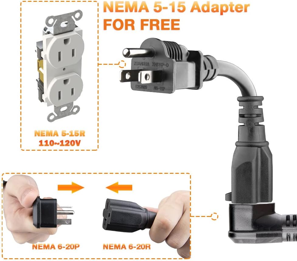 EV Charger Level 1/2 Switchable Current 10/16A NEMA 6-20 Plug with NEMA 5-15P Adapter 110V-240V Electric Car Charger S8766
