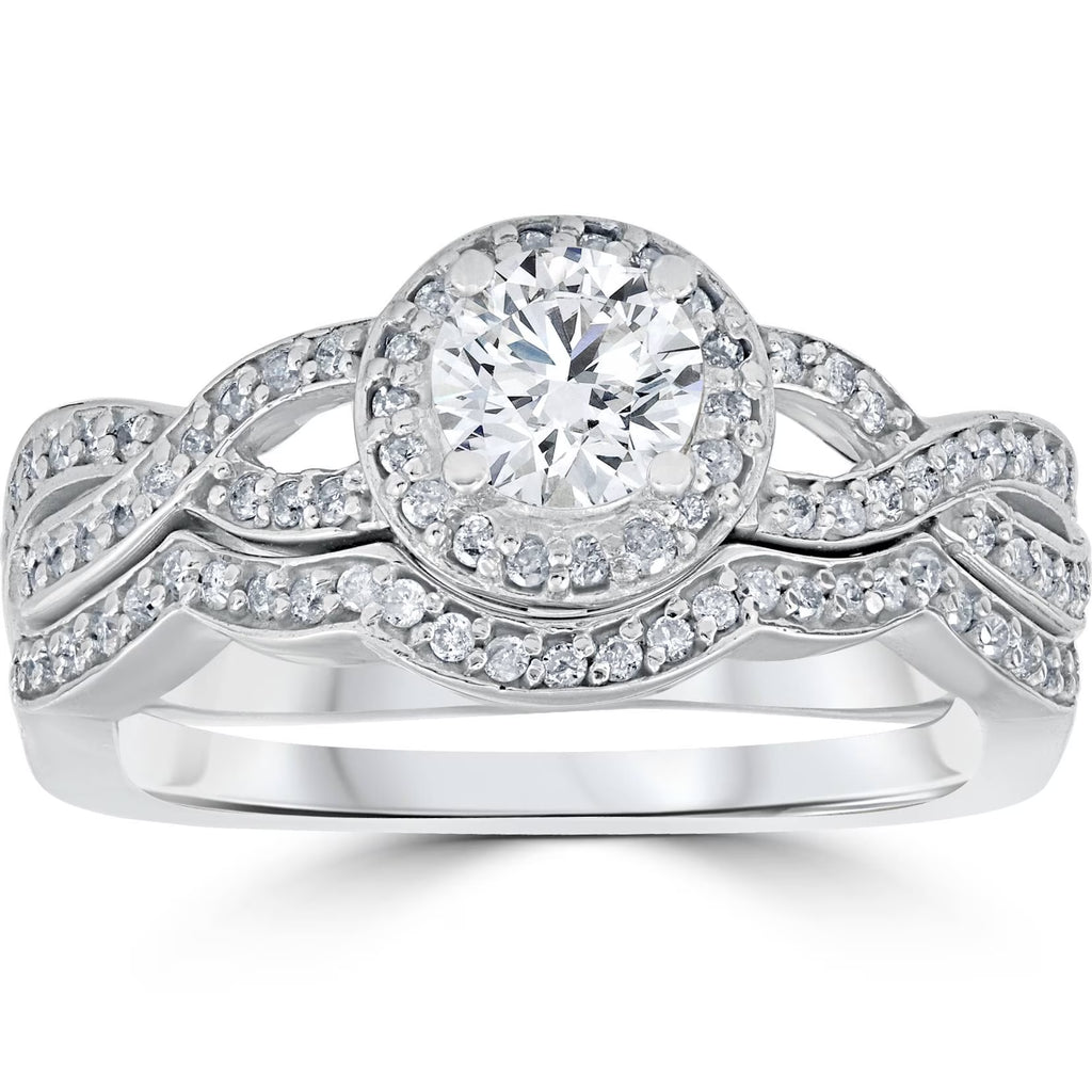 Curve Engagement Ring & Matching Wedding Band 14K White Gold E4301