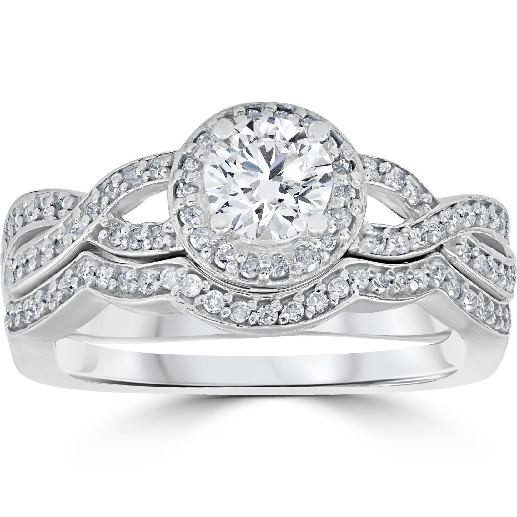Curve Engagement Ring & Matching Wedding Band 14K White Gold E4301