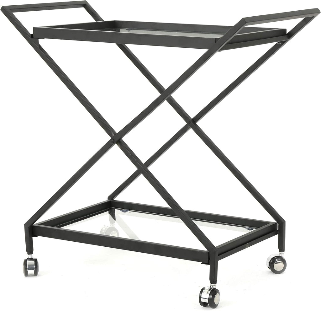 Black Industrial Iron Bar Cart with Tempered Glass Shelves R741