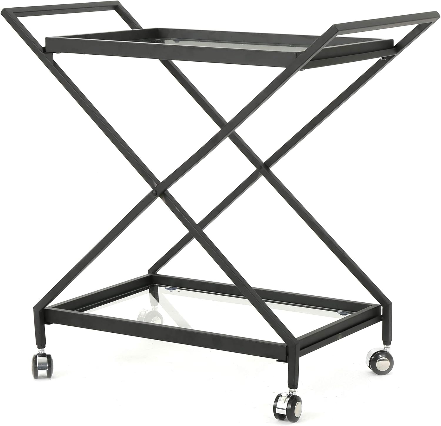 Black Industrial Iron Bar Cart with Tempered Glass Shelves R741