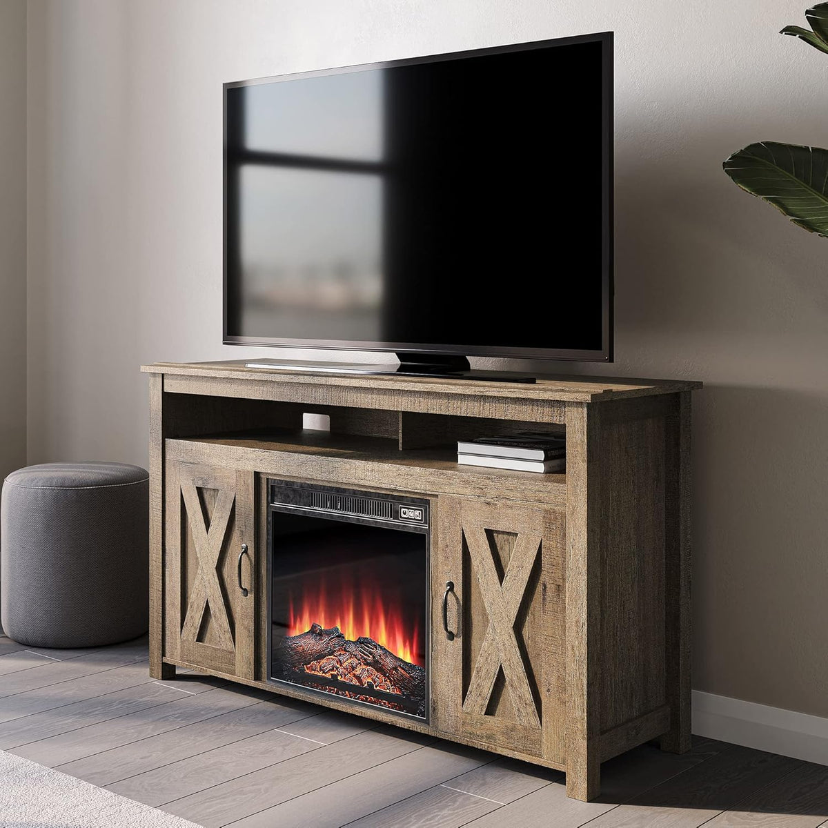 Dark Walnut Barn Door Wood Electric Fireplace TV Stand P753135
