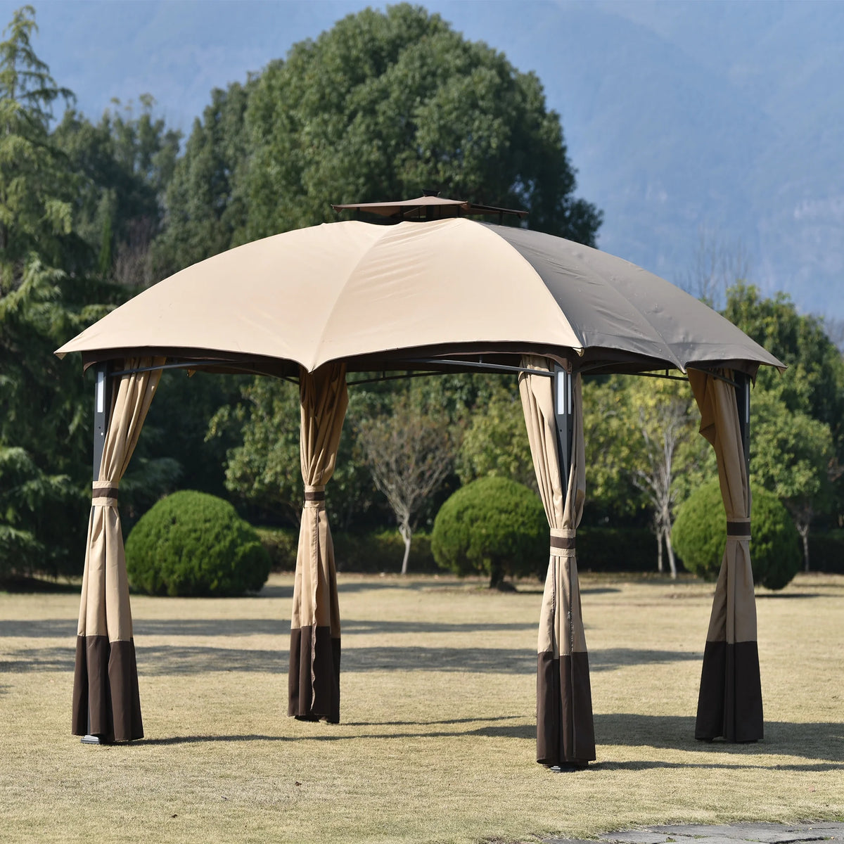 10ft W*12ft L Outdoor Double Vents Gazebo Patio Metal Canopy with Screen and LED Lights, Brown C45556