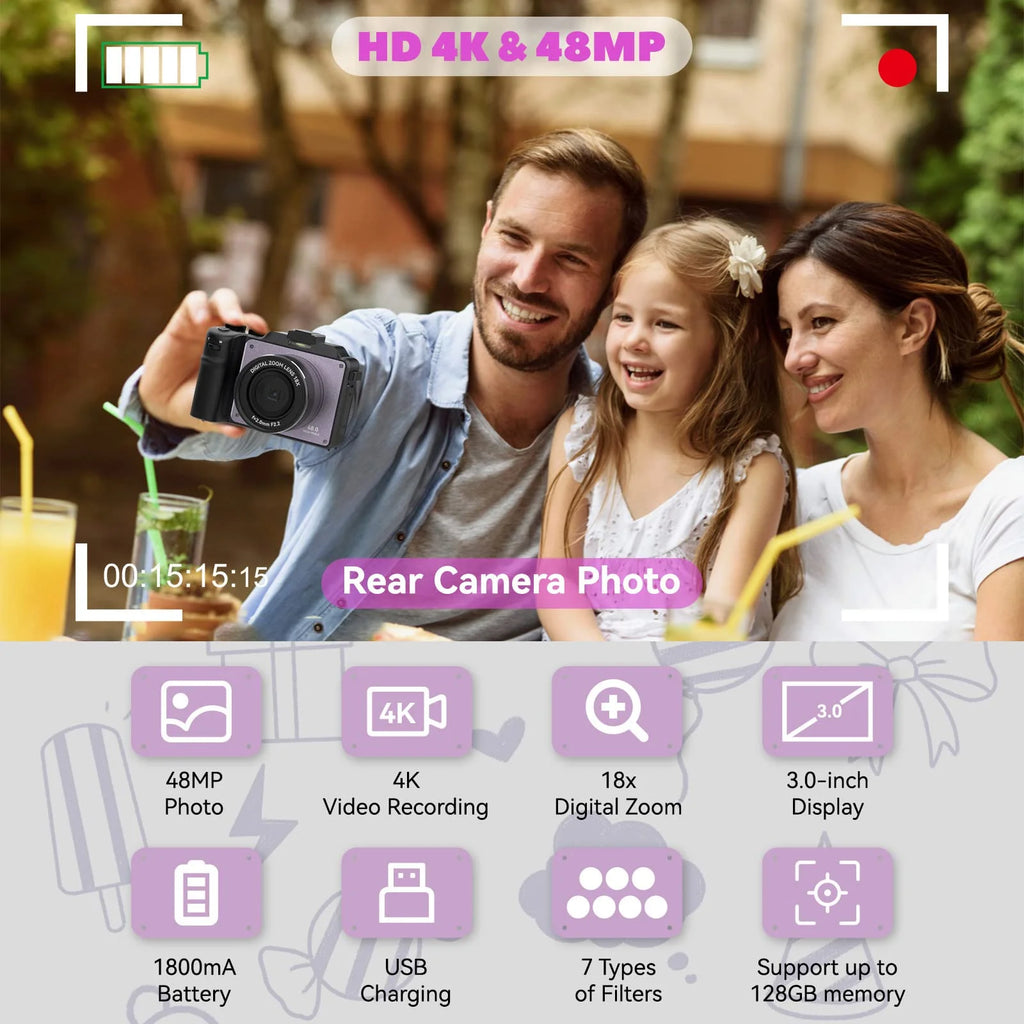 48MP 4K Digital Camera with Dual Cameras and 32GB Micro Card D5476