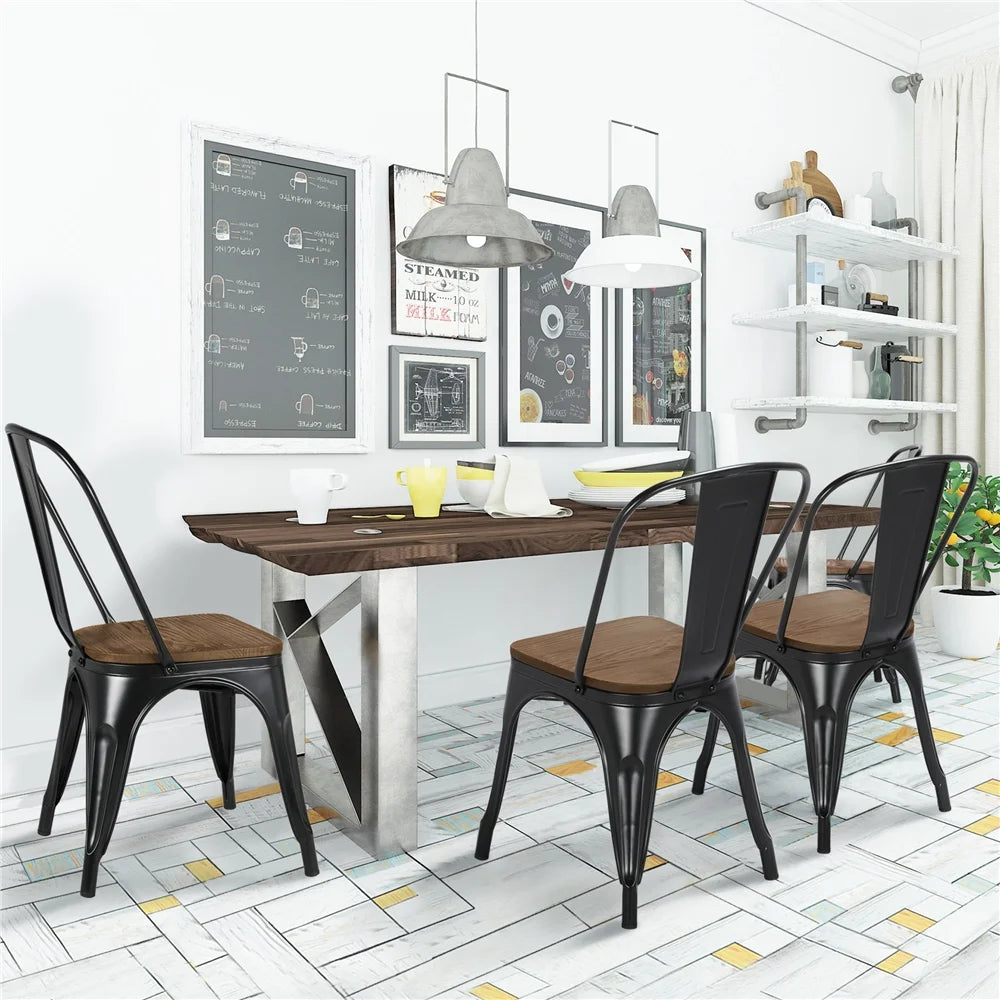 Black Metal Dining Chair with Wood Seat, Set of 4 O592