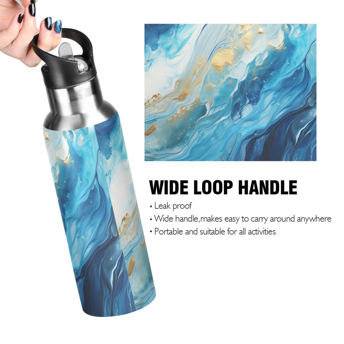Blue White and Gold Marble Stainless Steel Insulated Water Bottle with Straw Lid P5997