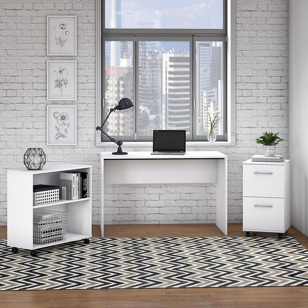 Pure White Office Desk with Mobile File Cabinet and Bookcase K321