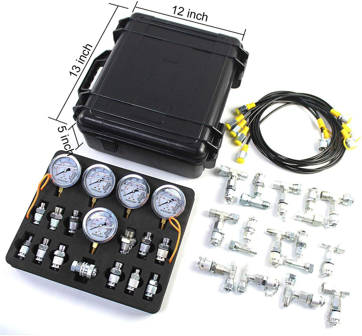 Hydraulic Pressure Test Kit with 5 Gauges, 5 Test Hoses, 13 Couplings and 14 Tee Connectors A33018