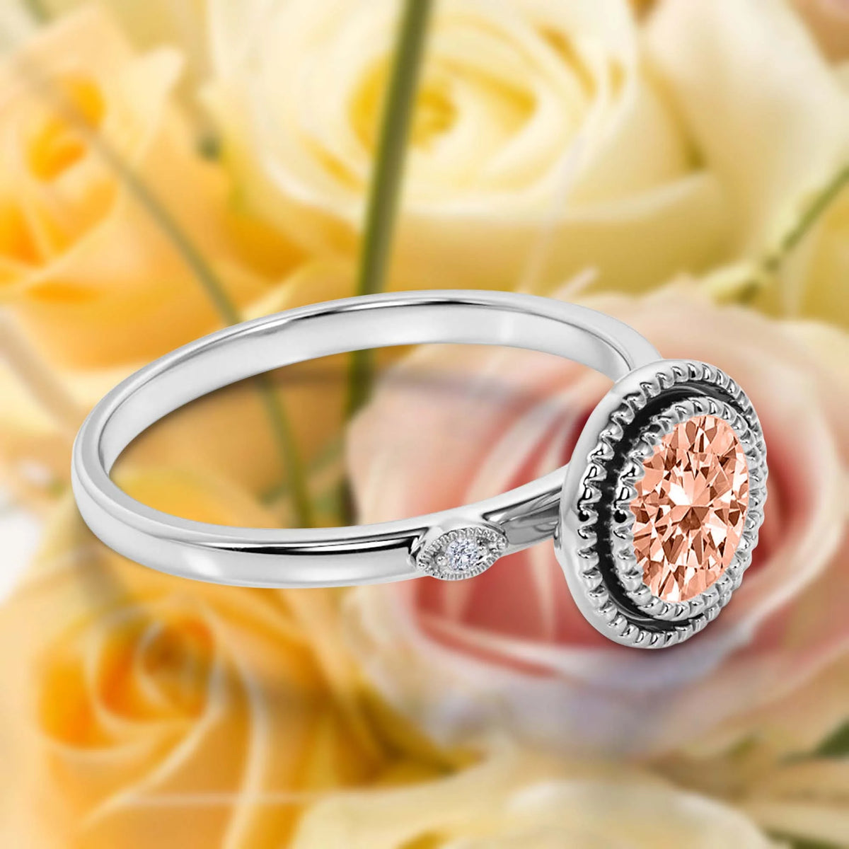 1.10 Carat Round Cut Morganite And Diamond Moissanite Engagement Ring in 925 Sterling Silver With 18k White Gold Plating B3588