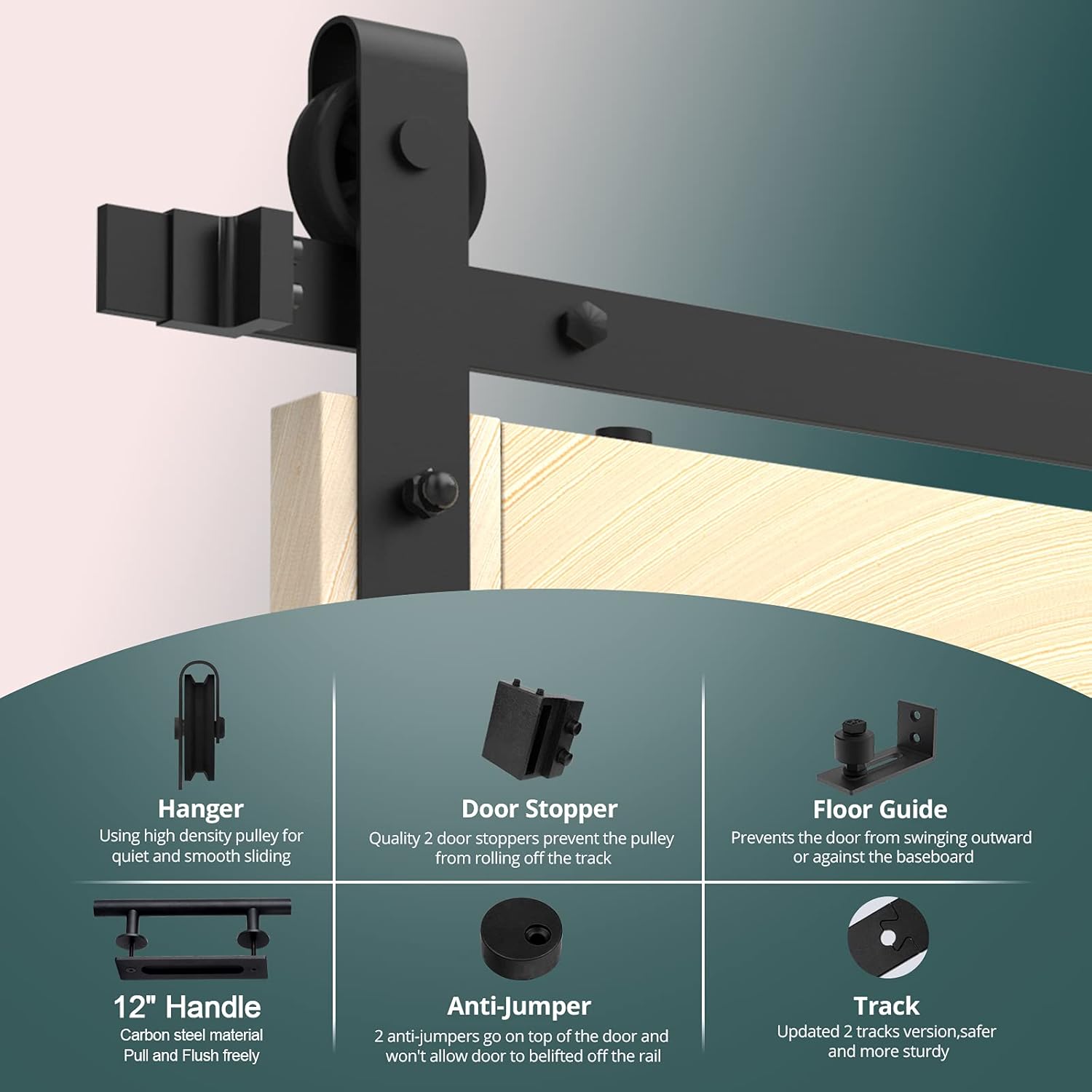 8FT Heavy Duty Sliding Door Hardware with 12 Handle & Floor Guide Q325