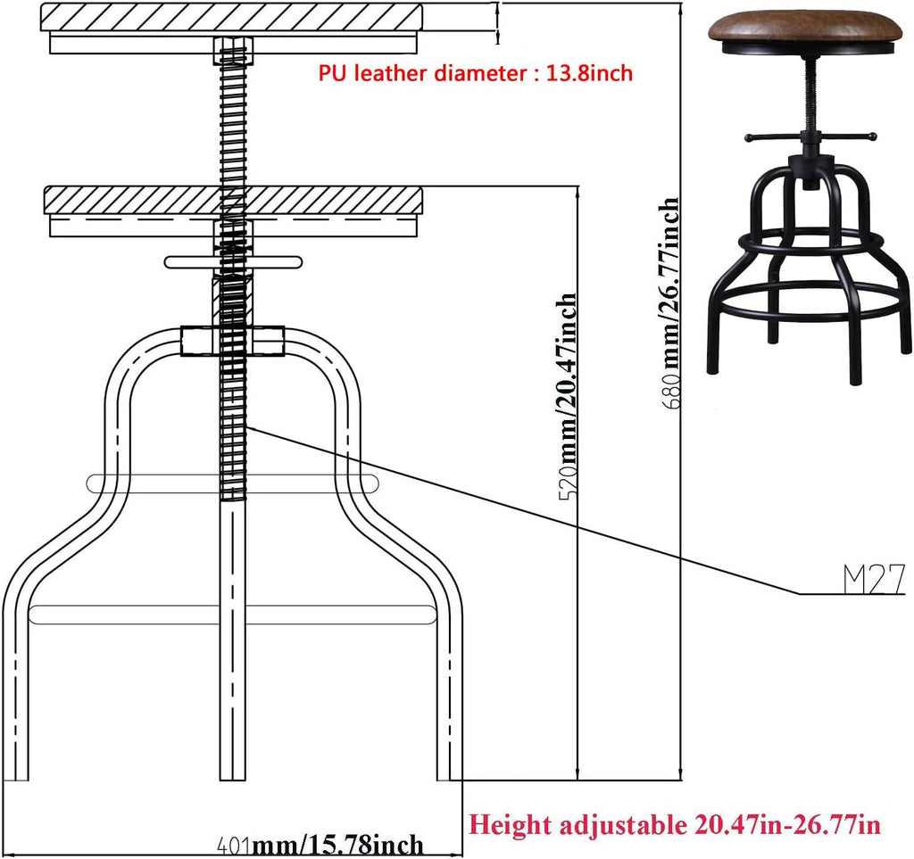 Industrial Vintage Bar Stool, 27 Inch, Set of 2 K9453