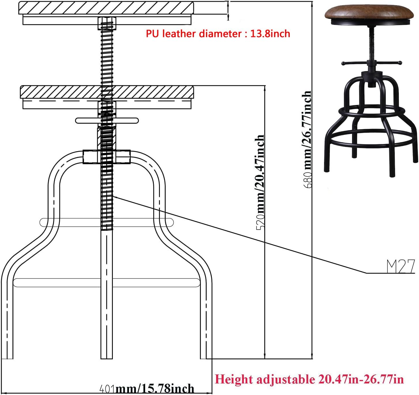 Industrial Vintage Bar Stool, 27 Inch, Set of 2 K9453