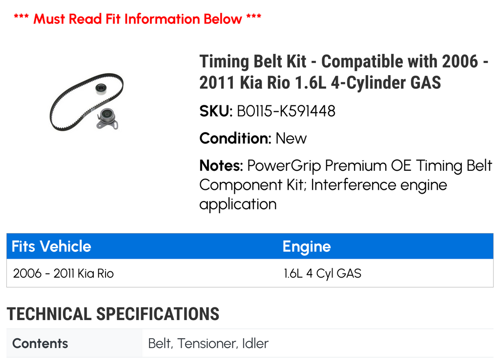 Timing Belt Kit for 2006-2011 Kia Rio 1.6L 4-Cylinder GAS S9520