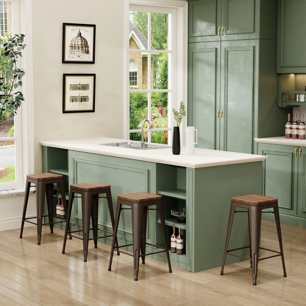 26" Metal Bar Stools Set of 4 Backless Stackable with Wooden Seat T34519