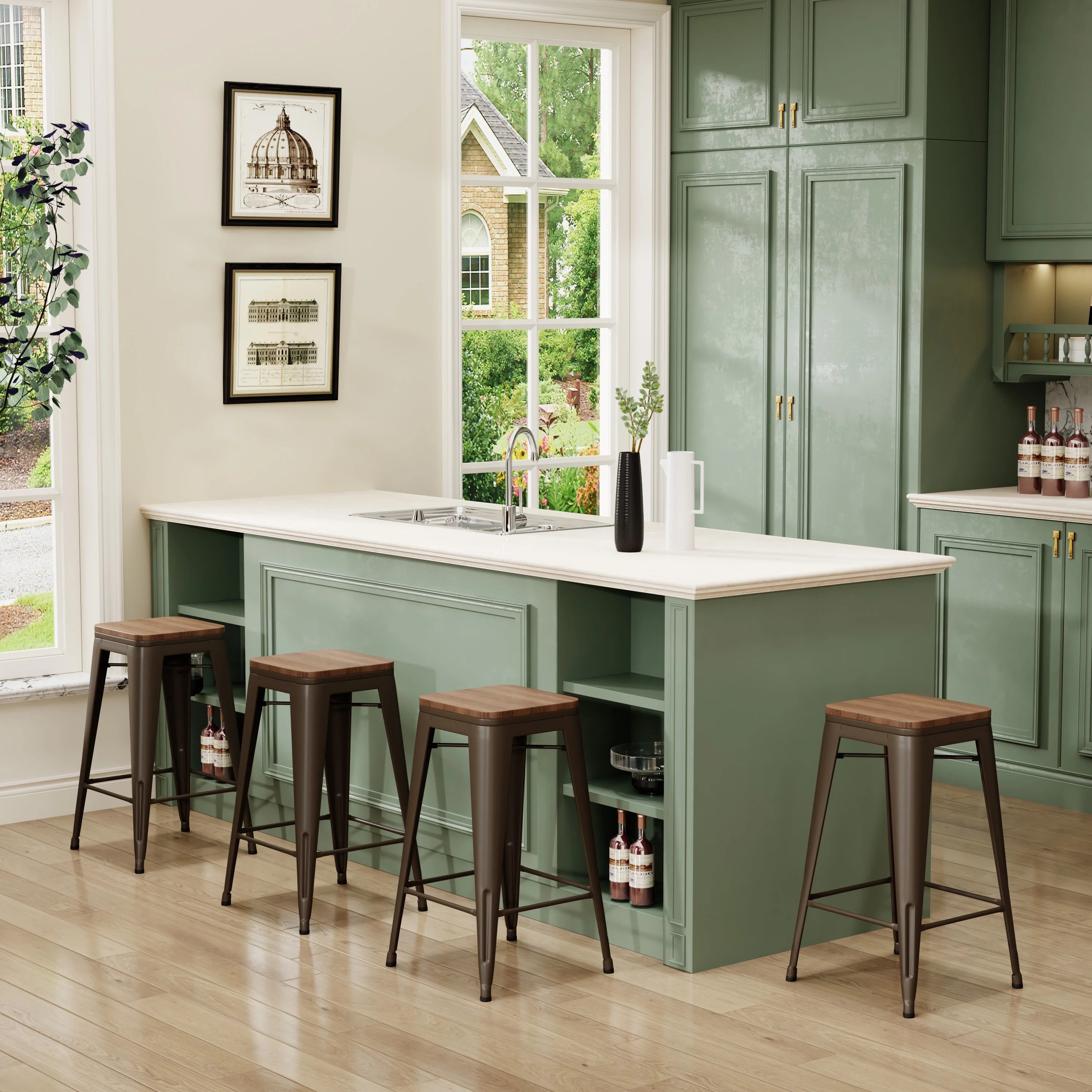 26" Metal Bar Stools Set of 4 Backless Stackable with Wooden Seat T34519