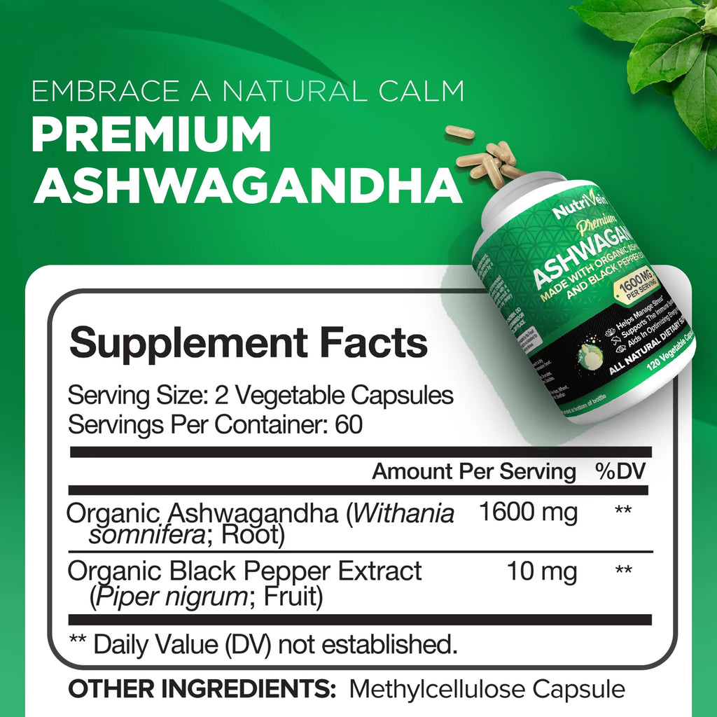 Organic Ashwagandha Capsules 1600mg 120 Vegan Pills J72675