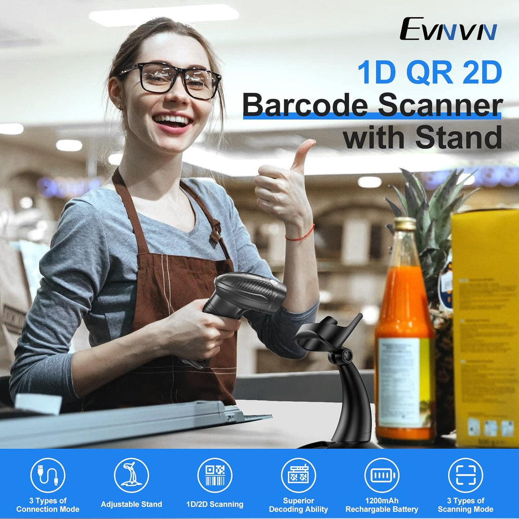 Wireless 2D QR Barcode Scanner with Stand, 3-in-1 Bluetooth & 2.4G & USB Wired Handheld Barcode Reader, Pack of 2 M97102