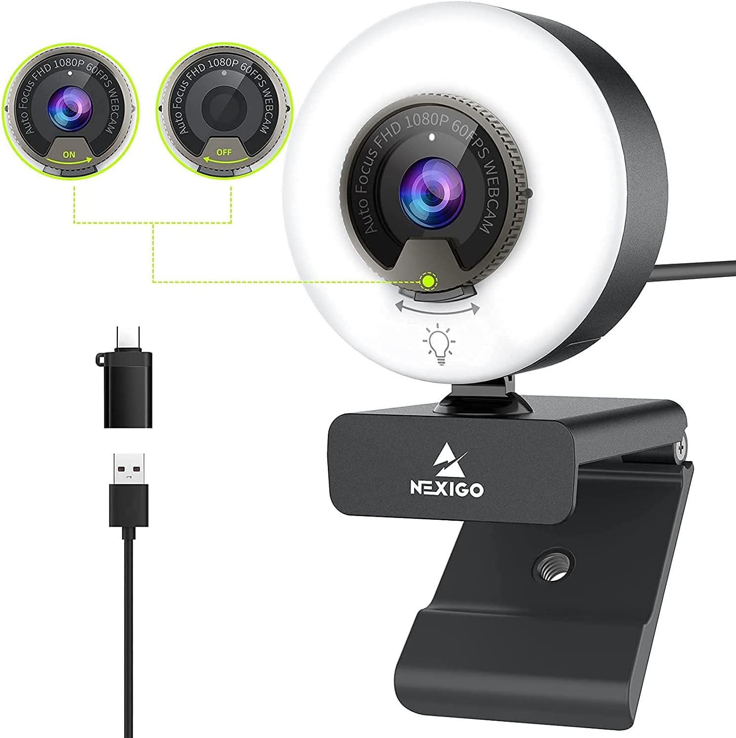 1080P 60FPS Webcam with Light, Fast AutoFocus, Built-in Privacy Cover, Dual Stereo Microphone B396247
