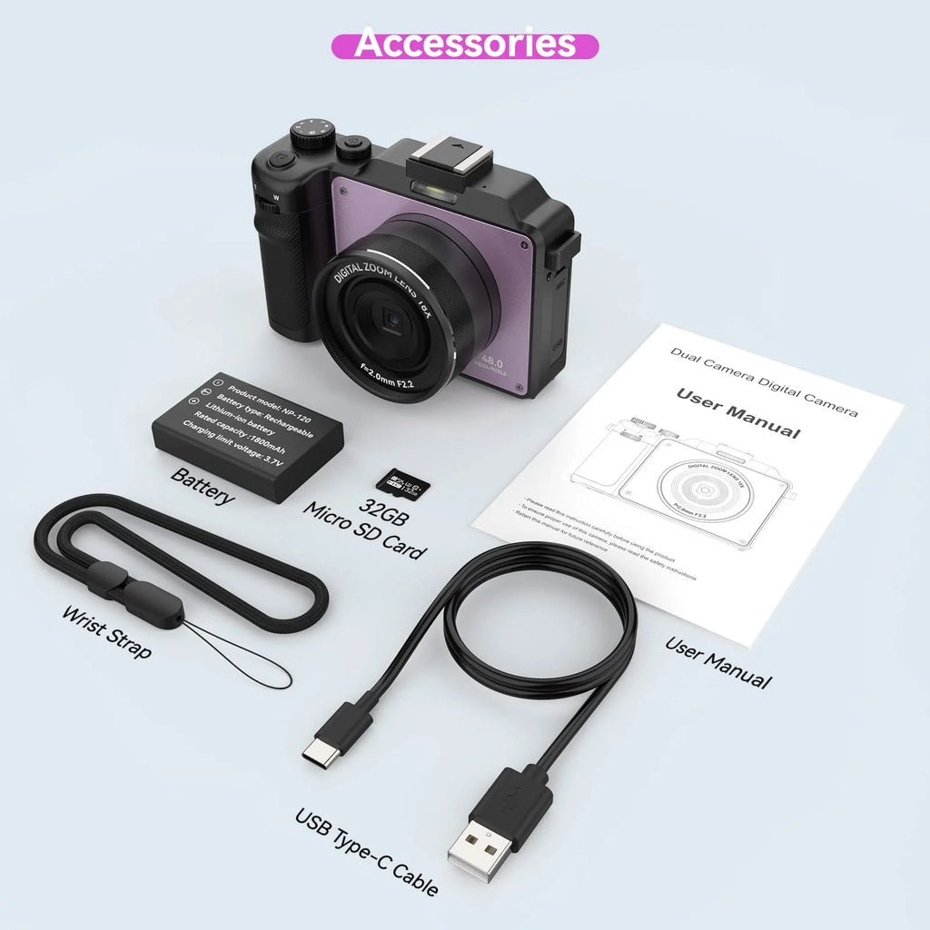 48MP 4K Digital Camera with Dual Cameras and 32GB Micro Card D5476