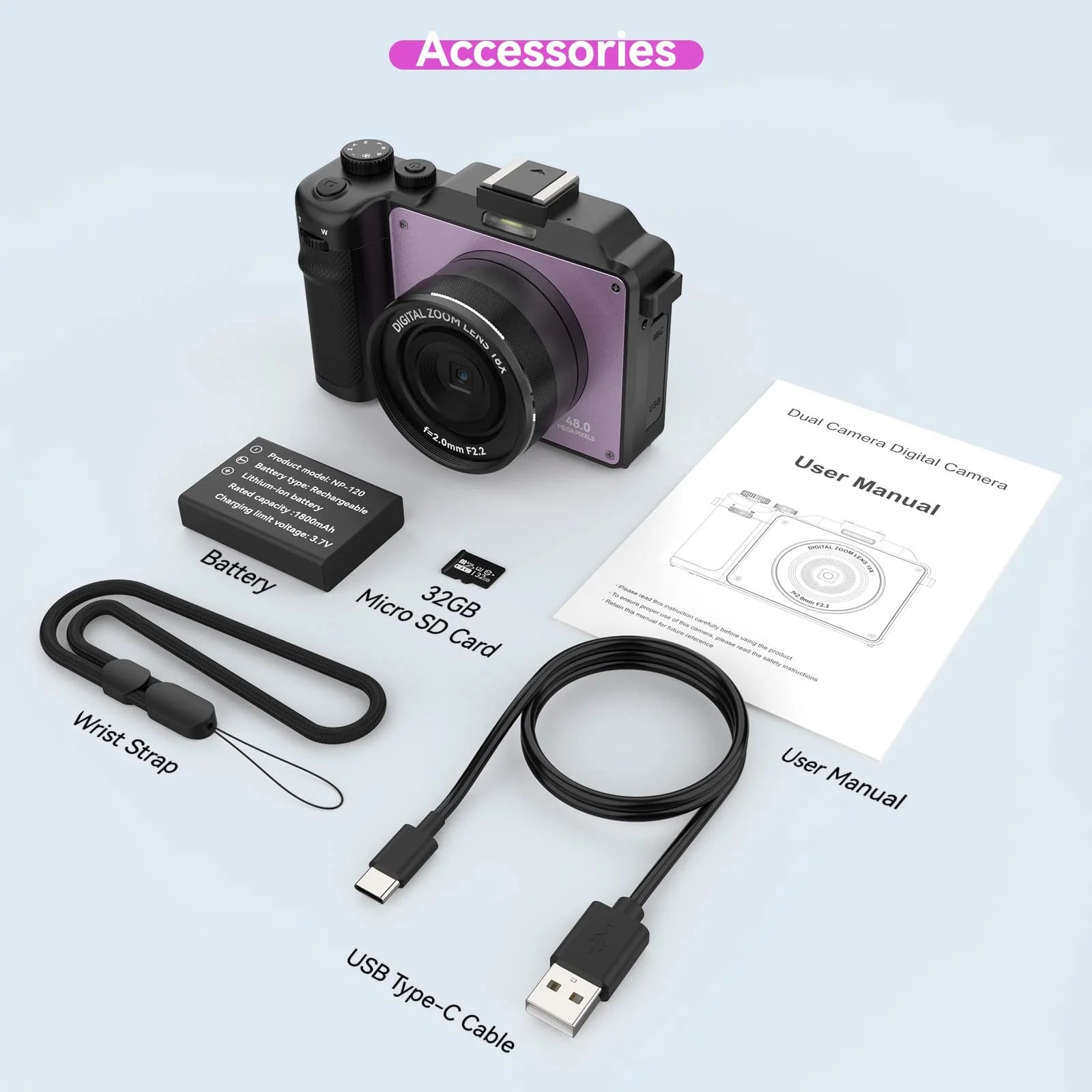 48MP 4K Digital Camera with Dual Cameras and 32GB Micro Card D5476