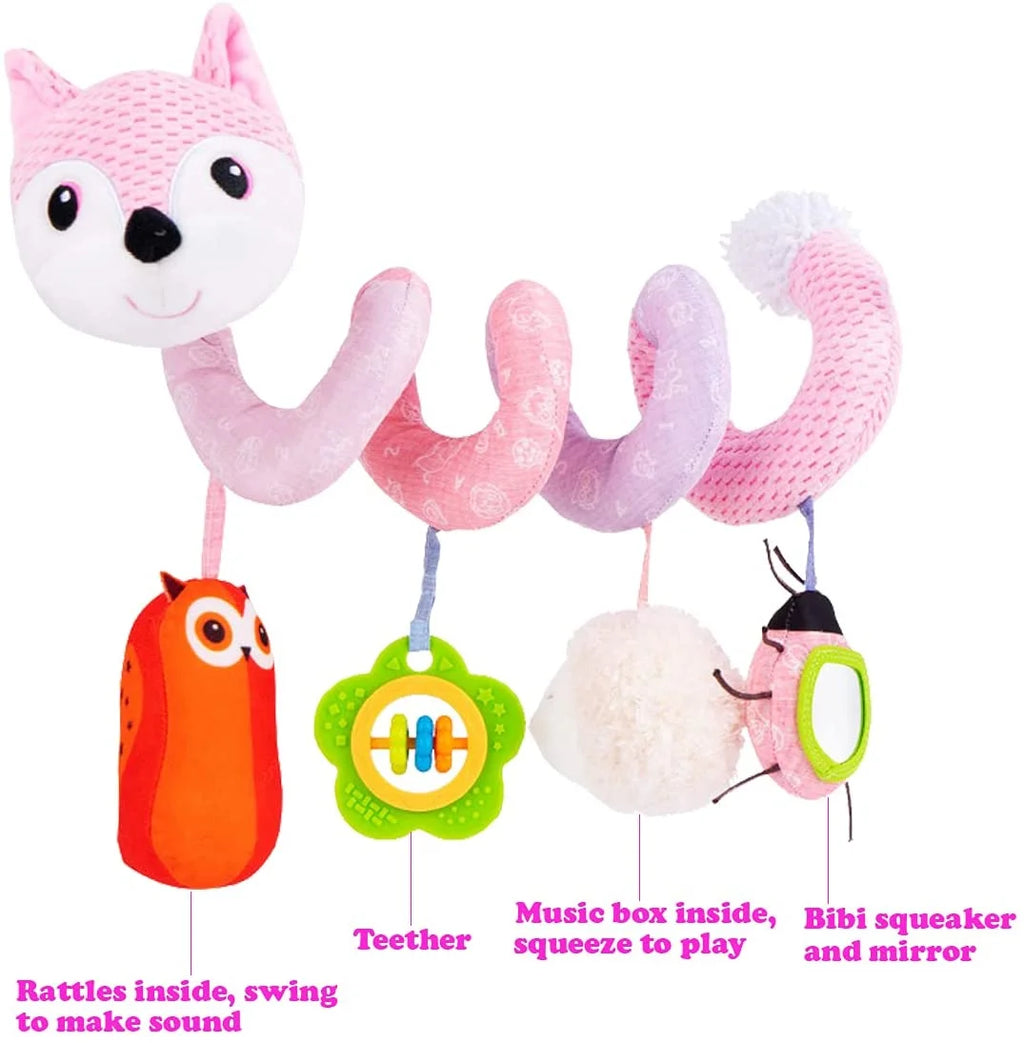 Pink Fox Baby Car Seat Toys with Musical Sheep Rattles Owl Ladybird Distorting Mirror O9820