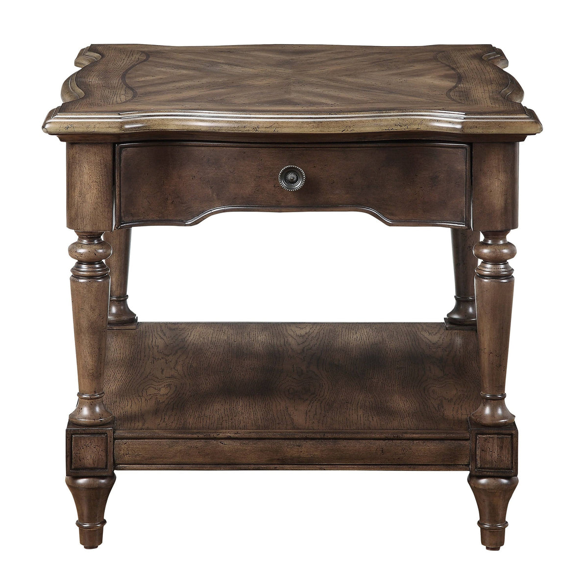 Brown 1 Drawer End Table with Open Bottom Shelf and Turned Feet I4932