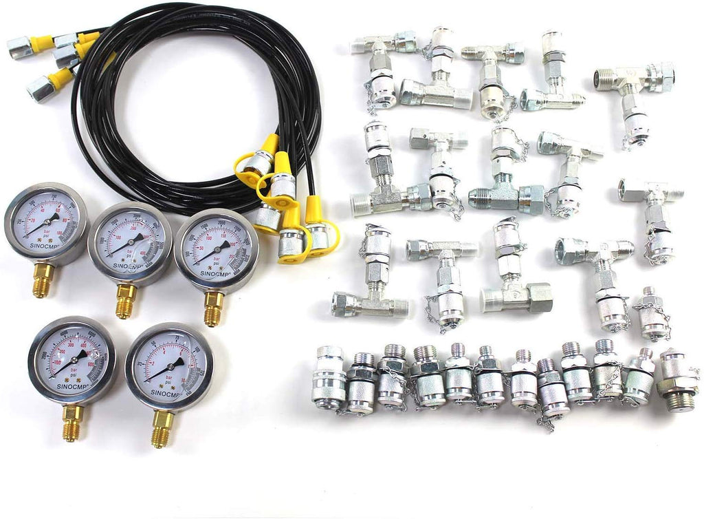 Hydraulic Pressure Test Kit with 5 Gauges, 5 Test Hoses, 13 Couplings and 14 Tee Connectors A33018