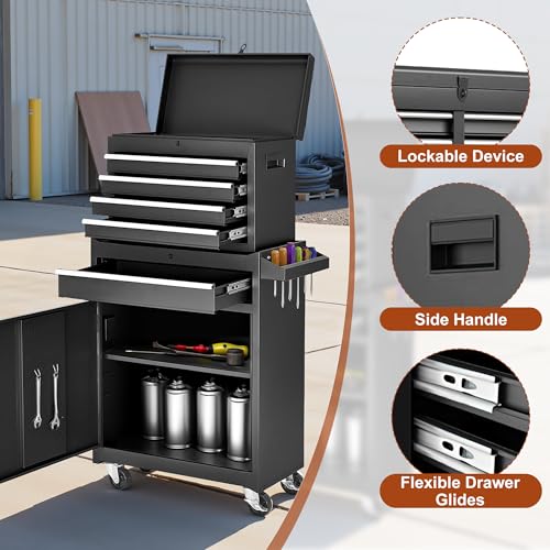 Black Steel 5 Drawer Rolling Tool Chest with Detachable Top O622499